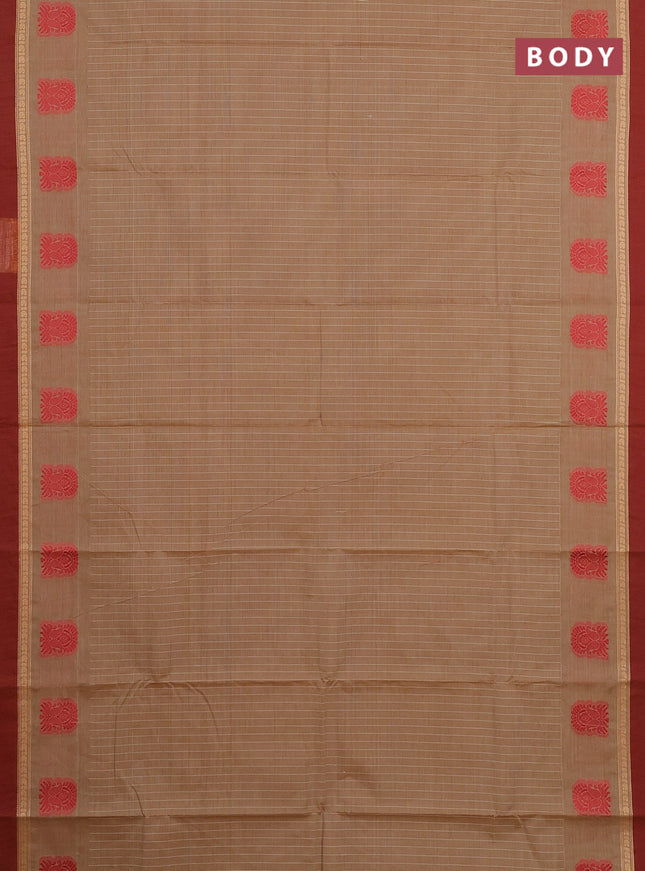 Chettinad cotton saree sandal and maroon shade with allover stripe pattern and thread woven simple border