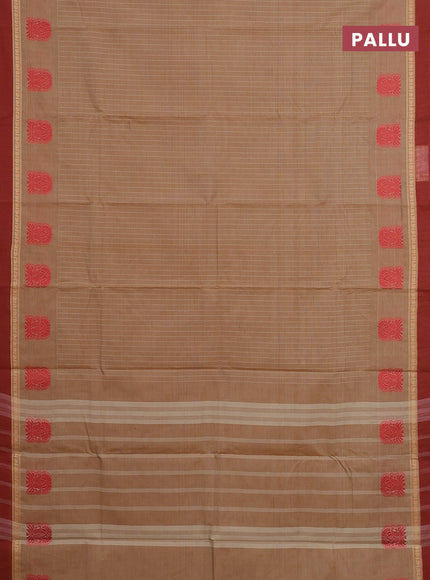 Chettinad cotton saree sandal and maroon shade with allover stripe pattern and thread woven simple border