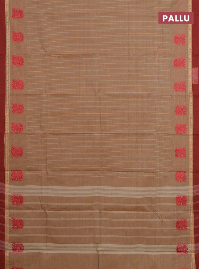 Chettinad cotton saree sandal and maroon shade with allover stripe pattern and thread woven simple border