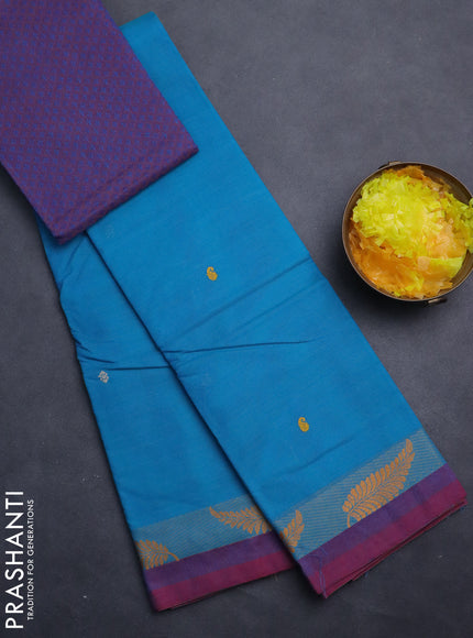 Chettinad cotton saree teal blue and dual shade of maroon with thread woven buttas and thread woven simple border