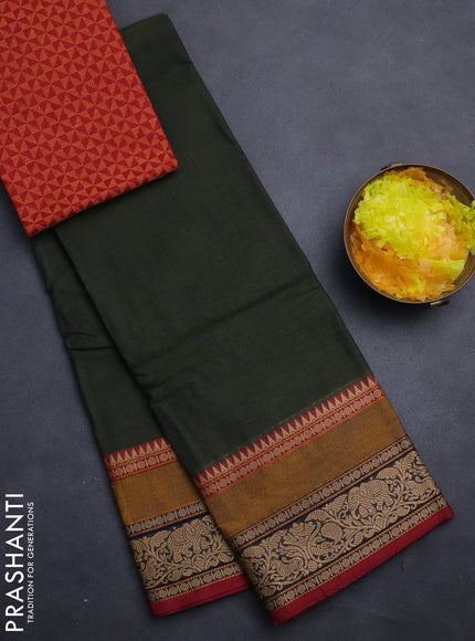 Chettinad cotton saree sap green and maroon with plain body and rettapet thread woven border