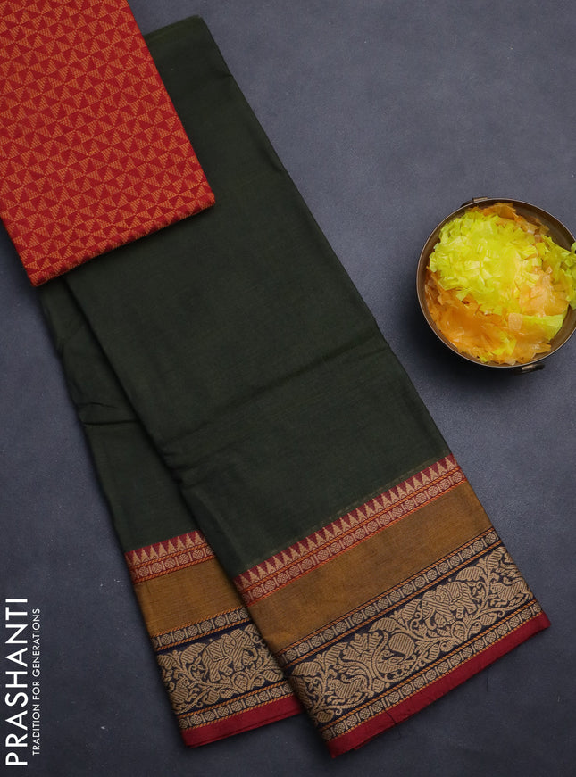 Chettinad cotton saree sap green and maroon with plain body and rettapet thread woven border