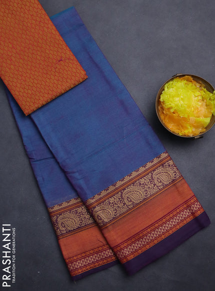 Chettinad cotton saree dual shade of bluish purple and mustard yellow with plain body and long rettapet thread woven border
