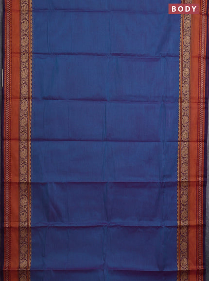 Chettinad cotton saree dual shade of bluish purple and mustard yellow with plain body and long rettapet thread woven border