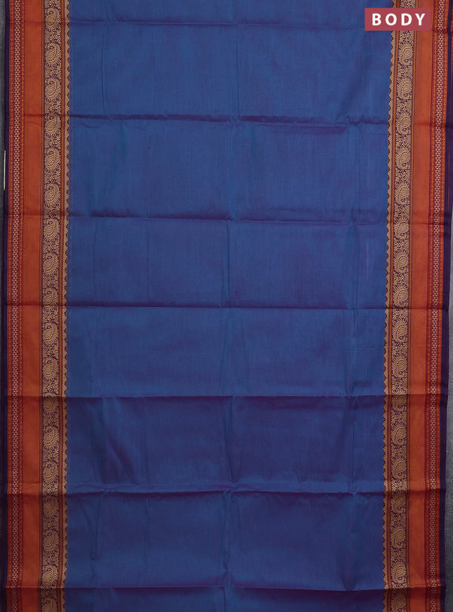 Chettinad cotton saree dual shade of bluish purple and mustard yellow with plain body and long rettapet thread woven border