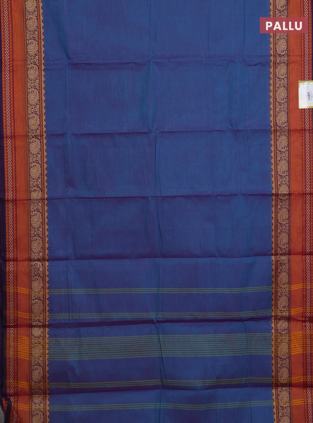Chettinad cotton saree dual shade of bluish purple and mustard yellow with plain body and long rettapet thread woven border