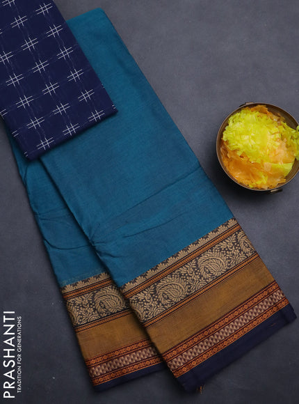 Chettinad cotton saree peacock green and dark blue with plain body and long rettapet thread woven border