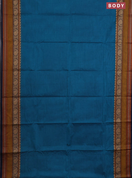 Chettinad cotton saree peacock green and dark blue with plain body and long rettapet thread woven border