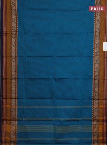 Chettinad cotton saree peacock green and dark blue with plain body and long rettapet thread woven border