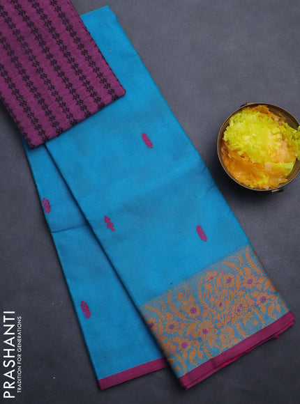 Chettinad cotton saree teal blue and magenta pink with thread woven buttas and thread woven border