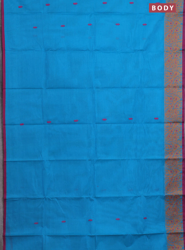 Chettinad cotton saree teal blue and magenta pink with thread woven buttas and thread woven border