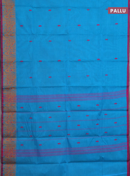 Chettinad cotton saree teal blue and magenta pink with thread woven buttas and thread woven border