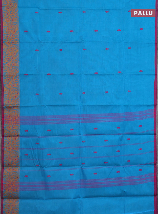 Chettinad cotton saree teal blue and magenta pink with thread woven buttas and thread woven border