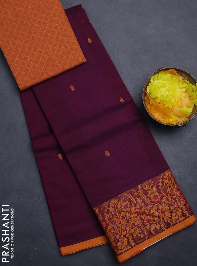 Chettinad cotton saree dark magenta ink and dark mustard with thread woven buttas and thread woven border