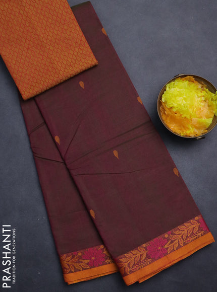 Chettinad cotton saree dual shade of greenish magenta pink and dark mustard with thread woven buttas and thread woven border