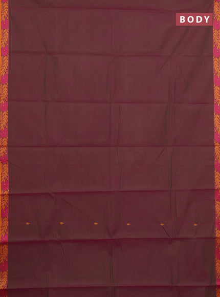 Chettinad cotton saree dual shade of greenish magenta pink and dark mustard with thread woven buttas and thread woven border