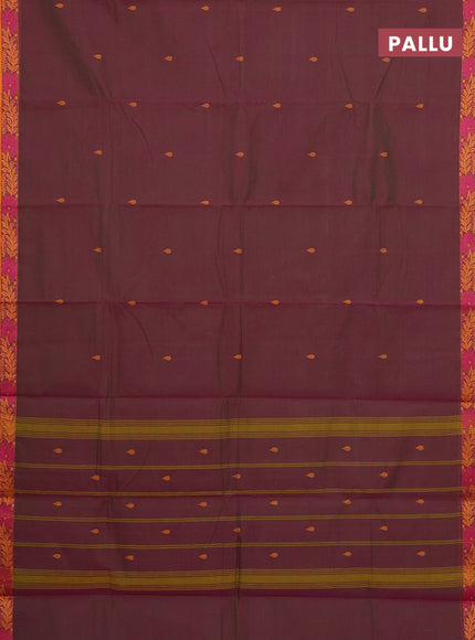 Chettinad cotton saree dual shade of greenish magenta pink and dark mustard with thread woven buttas and thread woven border