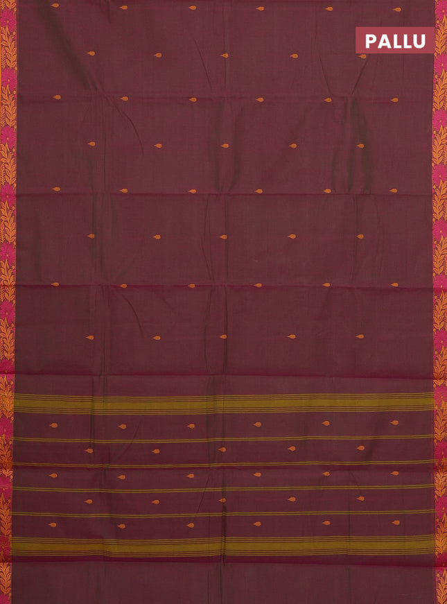 Chettinad cotton saree dual shade of greenish magenta pink and dark mustard with thread woven buttas and thread woven border