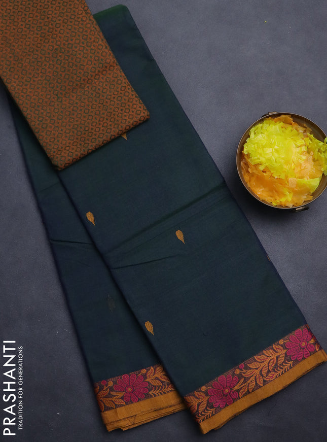 Chettinad cotton saree dual shade of dark greenish blue and mustard yellow with thread woven buttas and thread woven border