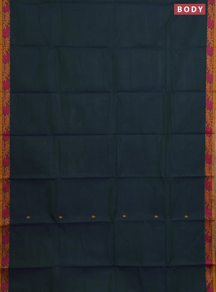 Chettinad cotton saree dual shade of dark greenish blue and mustard yellow with thread woven buttas and thread woven border