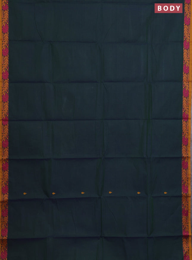 Chettinad cotton saree dual shade of dark greenish blue and mustard yellow with thread woven buttas and thread woven border