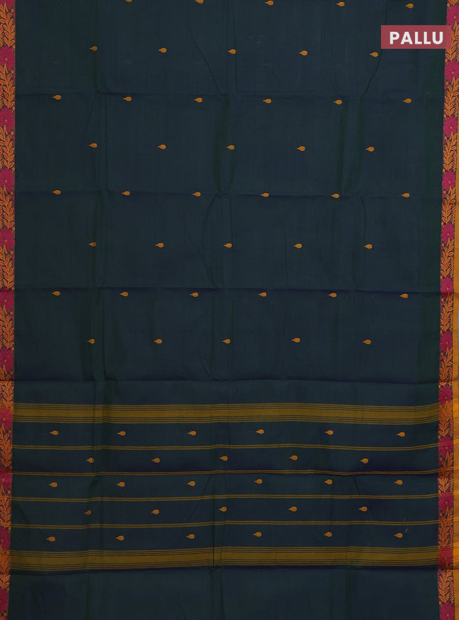 Chettinad cotton saree dual shade of dark greenish blue and mustard yellow with thread woven buttas and thread woven border