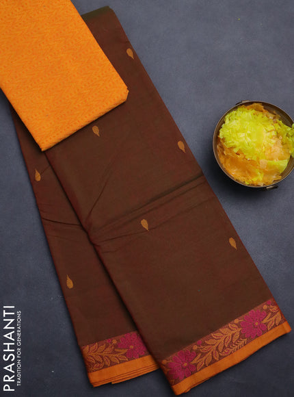 Chettinad cotton saree manthulir green and mustard yellow with thread woven buttas and thread woven border