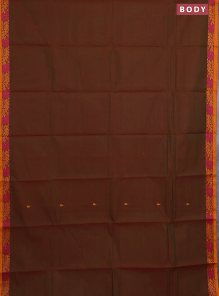 Chettinad cotton saree manthulir green and mustard yellow with thread woven buttas and thread woven border