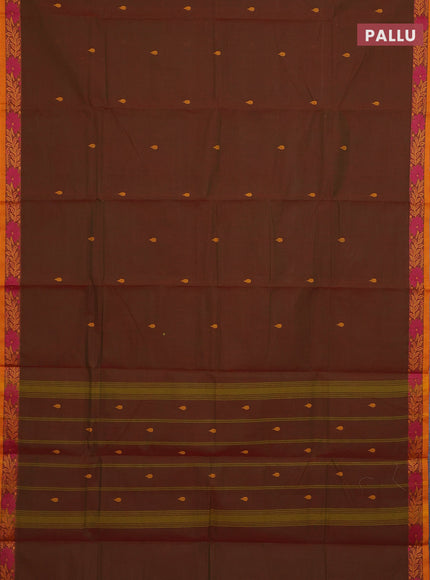 Chettinad cotton saree manthulir green and mustard yellow with thread woven buttas and thread woven border