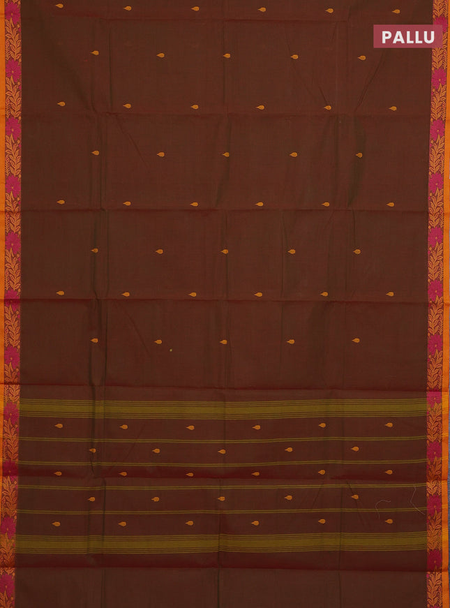 Chettinad cotton saree manthulir green and mustard yellow with thread woven buttas and thread woven border