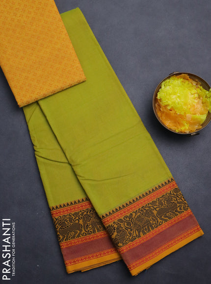 Chettinad cotton saree lime green and mustard yellow with plain body and thread woven border