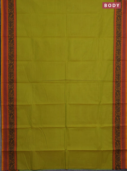 Chettinad cotton saree lime green and mustard yellow with plain body and thread woven border