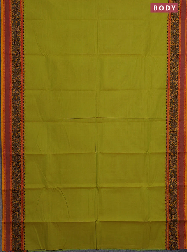 Chettinad cotton saree lime green and mustard yellow with plain body and thread woven border