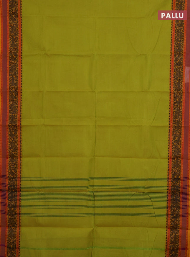 Chettinad cotton saree lime green and mustard yellow with plain body and thread woven border