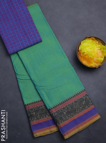 Chettinad cotton saree dual shade of green and blue with plain body and thread woven border