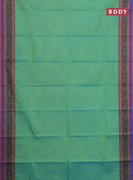 Chettinad cotton saree dual shade of green and blue with plain body and thread woven border