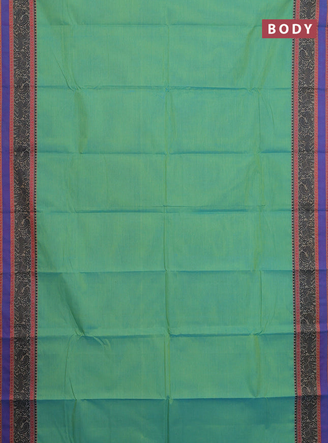 Chettinad cotton saree dual shade of green and blue with plain body and thread woven border