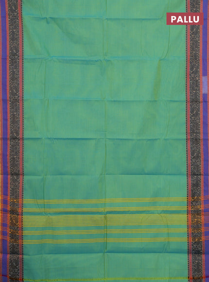 Chettinad cotton saree dual shade of green and blue with plain body and thread woven border