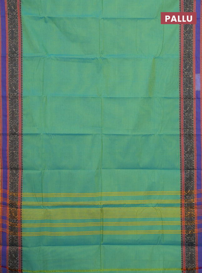 Chettinad cotton saree dual shade of green and blue with plain body and thread woven border