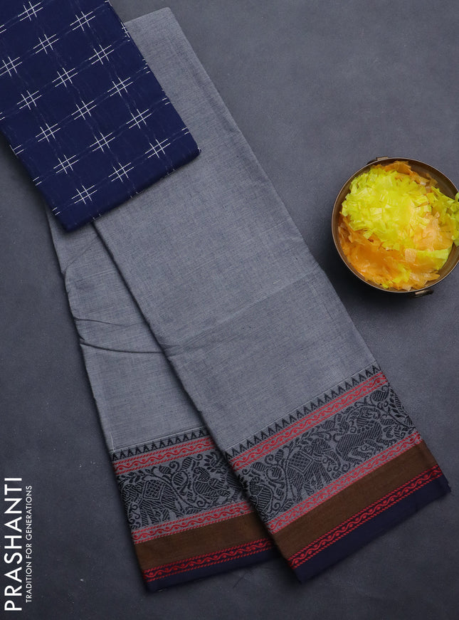 Chettinad cotton saree grey and navy blue with plain body and thread woven border
