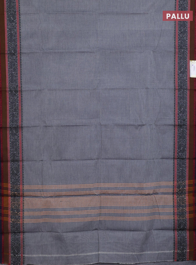 Chettinad cotton saree grey and navy blue with plain body and thread woven border