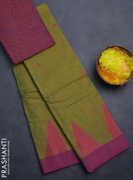 Chettinad cotton saree mustard green and magenta pink with thread woven buttas and temple design simple border