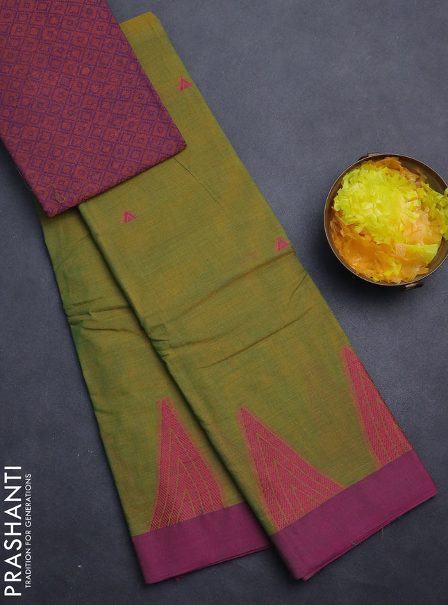 Chettinad cotton saree mustard green and magenta pink with thread woven buttas and temple design simple border