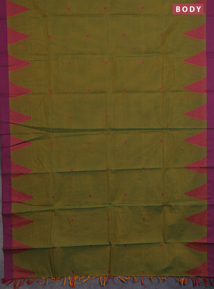 Chettinad cotton saree mustard green and magenta pink with thread woven buttas and temple design simple border