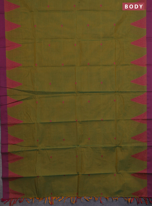 Chettinad cotton saree mustard green and magenta pink with thread woven buttas and temple design simple border