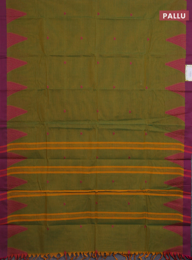 Chettinad cotton saree mustard green and magenta pink with thread woven buttas and temple design simple border