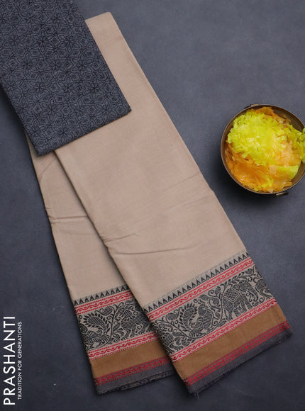 Chettinad cotton saree beige and black with plain body and thread woven border