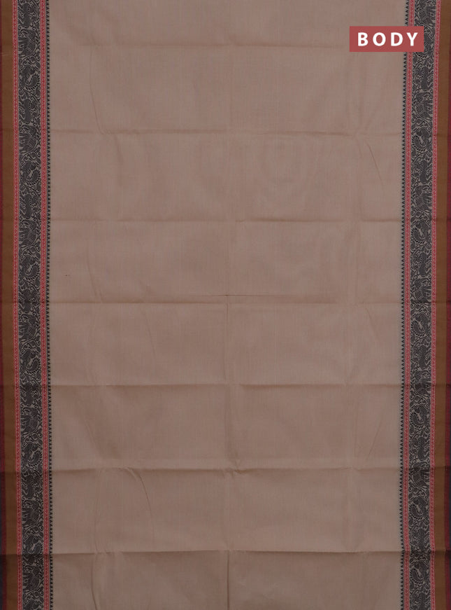 Chettinad cotton saree beige and black with plain body and thread woven border