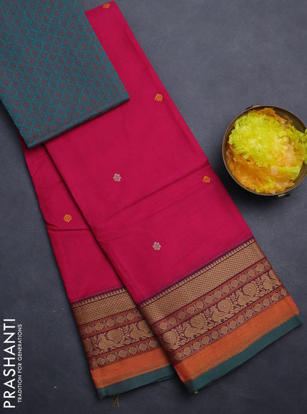 Chettinad cotton saree pink and green with thread woven buttas and thread woven border