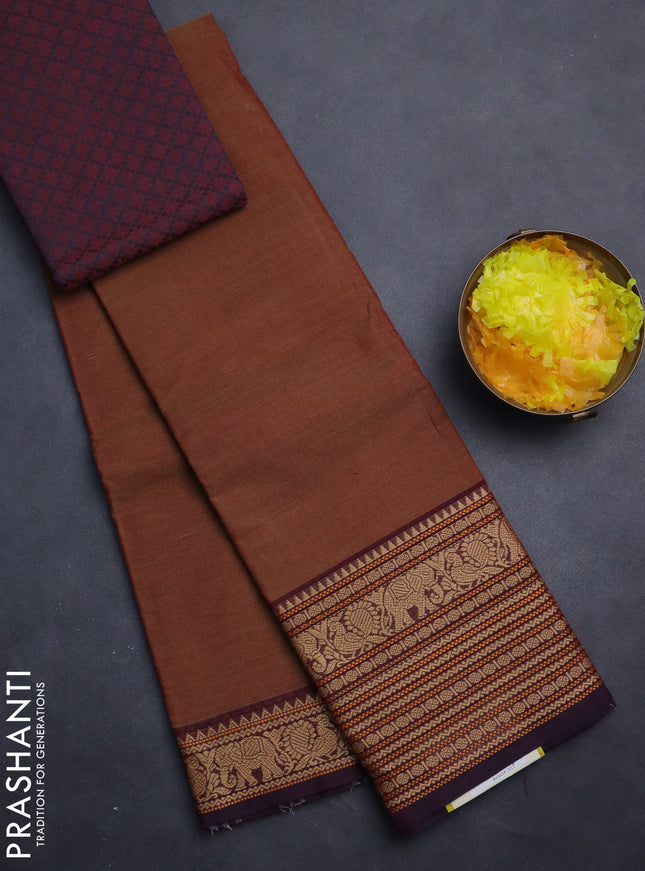 Chettinad cotton saree pastel brown and deep maroon with plain body and long thread woven border